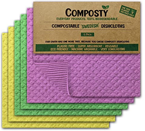 Composty® Swedish Dishcloth | Eco Friendly & Sustainable | Biodegradable Cellulose Sponge Cloths | Absorbent Kitchen Cleaning Cloth | Reusable Kitchen Eco Sponge | Replaces Paper Towel | Plant 1 Tree