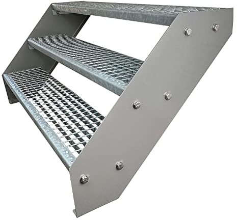 Kaminbau Mierzwa Premium Stahl Treppe Verzinkt & Silber Pulverbeschichtet 3 Stufen (Breite 60 cm) (Höhe 57 cm) Wetterfest Gitterroststufe Gartentreppe
