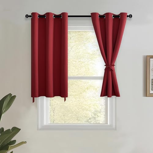JIUZHEN Kurze Vorhänge, Küche, halbe Fenster, Verdunkelungsvorhänge mit Raffhaltern für Baseroom Shadows, Ösenvorhänge für Wohnzimmer, 2 Stück Fenstervorhangpaneele, 106 x 76 cm Länge, Rot