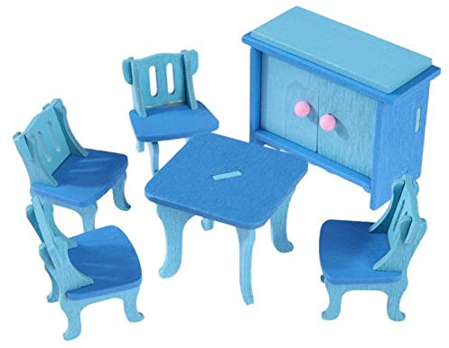 VIONNPPT 1/12 Puppenhaus 3D Miniatur Holz Möbel, Mini Simulation Babyzimmer, Badezimmer, Esszimmer, Babybett Babystuhl, Badewanne Toilette Set, Schön Zubehör Geschenk (Blau)