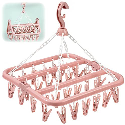 MENFENG Clothes Drying Hanger and Drip Foldable Hanging Sock Rack（32 Clips ） Multifunction clothes drying rack，Rotary Wind-sock hanger for washing line，for Socks, Underwear, Bras, Baby Clothes (Pink)