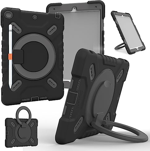 NLR FUN 4-Lagige Stoßfeste Schutzhülle für iPad Air 2 (9,7 Zoll) & iPad 6. / 5. (9,7 Zoll iPad 2018/2017) Hybrid-Schutzhülle mit Ständer/Griff, Stifthalter, Schultergurt (Schwarz)