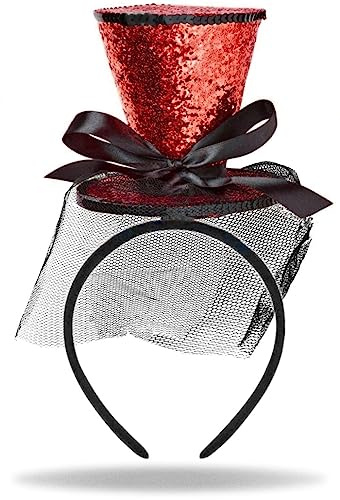 Hatstar Glitzer Mini-Zylinder Haarreif in schwarz, Haarschmuck mit Partyhut, Schleife und Schleier für Damen, Herren als Kostüm Accessoire für Silvester Neujahr, Karneval & Fasching