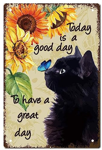 CREATCABIN Cat Tin Sign Sunflower Vintage Metal Wall Art Decor Retro Painting Poster Plaque Hanging Iron Sign Mural for Home Kitchen Bar Room Cafe Halloween Christmas Decorations Gift 12 x 8 Inch