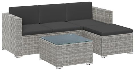 SONGMICS Gartenmöbel-Set, Balkonmöbel aus PE-Polyrattan, Terrassenmöbel, Ecksofa, Outdoor, handgeflochtenes Rattan, Lounge-Set, mit Kissen und Glastisch, Grau GGF005G05