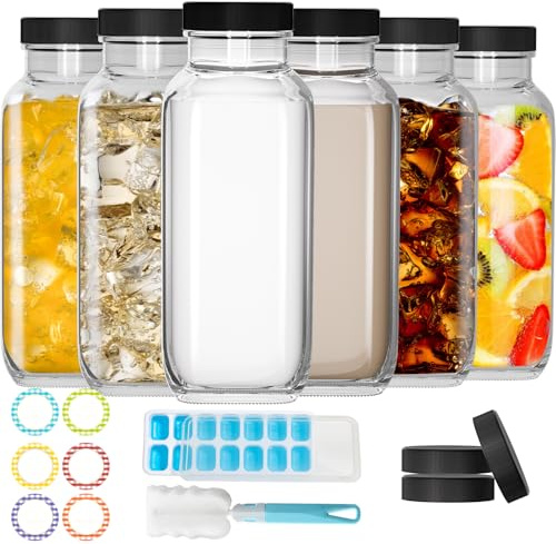 HYCKee glasflaskor med lock, 500 ml, 6 stycken, återanvändbara dricksflaskor för juice, smoothies, kombucha, såser, läckagesäkra glasflaskor med penna och etiketter, 23-02000-047-01-UK