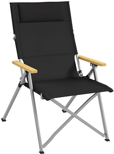 Outsunny Silla de Camping Plegable de Aluminio con Respaldo Ajustable Reposabrazos de Madera Silla de Jardín Portátil con Bolsa de Transporte para Exterior Piscina Playa 74x59,5x98 cm Negro