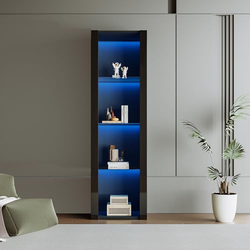 Merax Vitrine mit LED-Beleuchtung, Hochschrank mit 3 Glasböden, Modern Glasvitrine, schwarz Hochglanzfront, Standvitrinen, Mehrzweckschrank für Wohnzimmer Büro Küche, offene Lagerung, 55x38x166cm