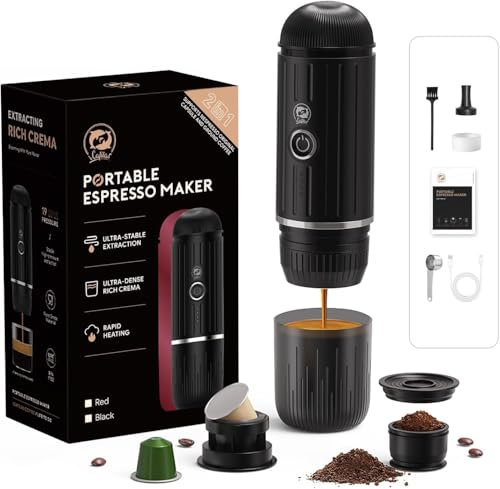 HAILASRE Macchina per espresso elettrica portatile, auto-riscaldamento 2 in 1 sistema di estrazione, Crema Nespress macchina per caffè espresso, supporto caffè macinato e capsula NS, ME2218 (BLACK)