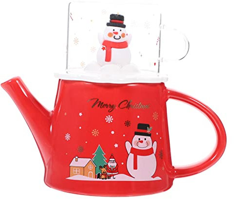 WATIIFUFU Teiera e Tazza in Ceramica Tema Natalizio Con Design Pupazzo Di Bollitore Pratico e Compatto Per Tè Invernale e Regalo Di Natale