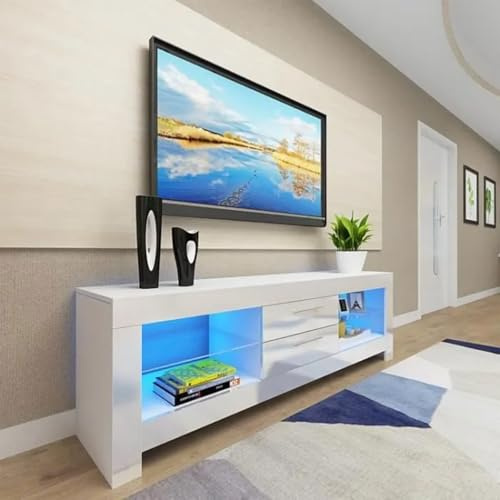 Dripex Meuble TV avec lumières LED Unité TV, Unité de Divertissement à façade Brillantes Blanches, Blanc,130cm