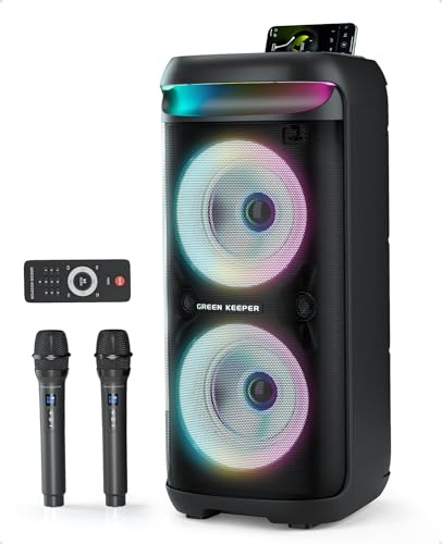 GREEN KEEPER Karaoke Maschine mit 2 Mikrofonen 5400mAh Bluetooth Karaoke Box 400W Karaoke Anlage mit LED Discolicht, FM Radio, TWS, TF/USB/AUX für Indoor/Outdoor Party