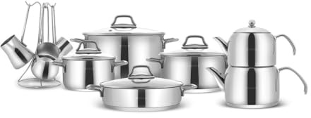 Karaca Belgrad 15 Pcs Stainless Steel Pots with Lids, Induction Compatible Complete Cooking Pots, Turkish Tea Set (Caydanlik) & Coffee Maker, Durable Cookware Set (Tencere SETI)