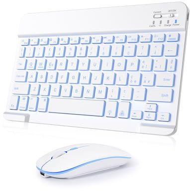 Nsyee Set tastiera e Mouse Wireless, Tastiera Bluetooth Universale Retroilluminata Portatile Ultrasottile Ricaricabile, per iPad/Tablet/PC/iOS/Android/Windows/Samsung/Lenovo, Layout Italiano,Bianco