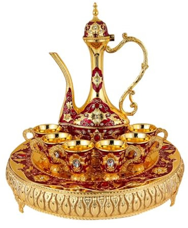 Amagogo Juego de té con 6 Tazas de café y Bandeja de té, decoración Antigua para el hogar, Juego de café Turco Vintage, Set de Tetera de Lujo para Bar,