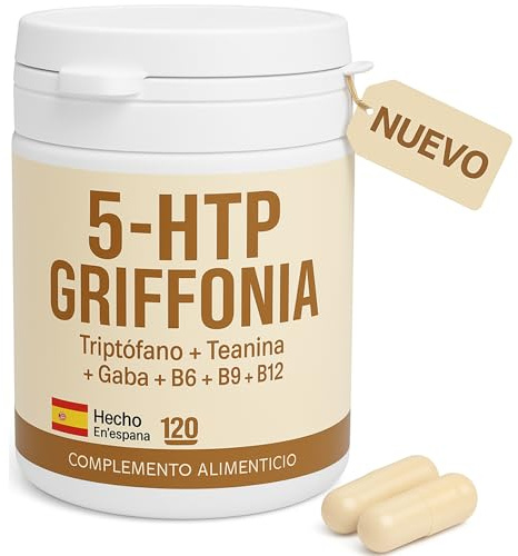 DIETÉTICA EUROPEA - 5htp con triptofano y Gaba - 120 cápsulas con 200mg de griffonia - Mejora el estado de ánimo si perturbar el sueño gracias al triptofano y teanina - serotonina natural