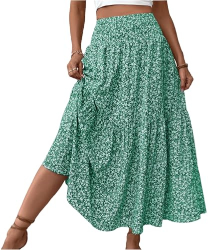 Sommerrock Damen Leicht Und Luftig Mit Taschen Elastische Bund Sommerkleid Rock Lang Damen Sommer A-Linie Maxi Skirt Strandkleider Beach Maxi Rock Lang Boho Kleid（1-Purple，L）