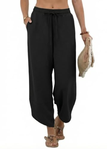 PrinStory Pantaloni estivi da donna in vita elastica pantaloni larghi a vita alta Palazzo Pantaloni con tasche, Nero , XL