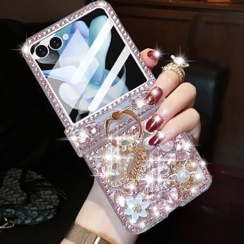 Changjia for Samsung Galaxy Z Flip 7 5G Glitter Case with Hinge Protection Ring Holder,Cute Luxury 3D Crown Bling Sparkle Crystal Rhinestones Diamond Gems Women Girls Case for Galaxy Z Flip 7 5G, Pink