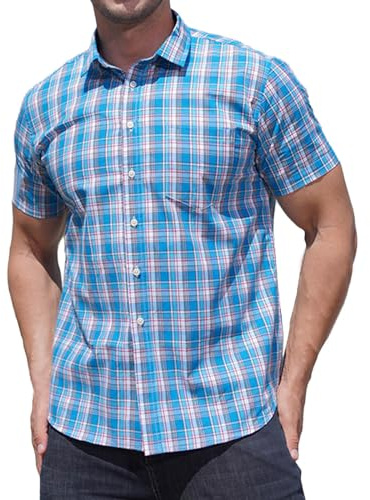 Hemd Herren Kurzarm Baumwolle Hemden Sommer Kariertes Freizeithemden Button Down Kurzarmhemd Freizeit Herrenhemden Oversized Fischerhemd Classic Businesshemd Sale 03 Blau 6XL