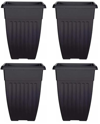 PREMZO 42 cm Tall Athens Garden Patio Planters Flower Pot Growth Container Top Square Plastic Vases, Home Garden Décor Traditional Planters, Sturdy Resistance Indoor & Outdoor | Set of 4 (Black)