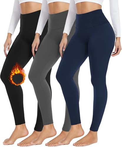 FULLSOFT 3 Pack Seamless Fleece Lined Leggings Women High Waisted Workout Winter Warm Thermal Yoga Pants(3 Pack Black,Dark Grey,Navy Blue,Small-Medium)