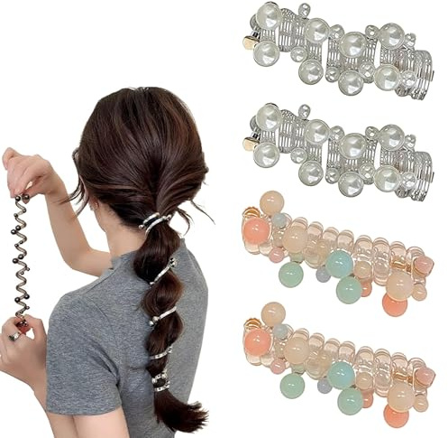4 Stück Spiral Haargummi, No Damage Soft Elastic Spiral Hair Ties, Perlen Telefonkabel Haargummi, Twisted Hair Wire Pony Hairwire, Pferdeschwanzhalter Spirale FüR Damen Und MäDchen (Type D)