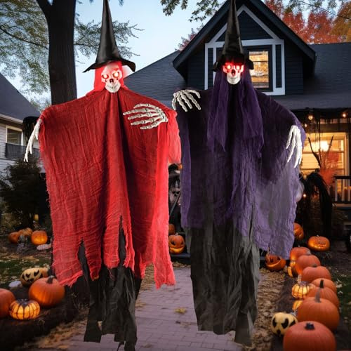 IGUGI 2 pezzi fantasma appeso Halloween, 105 x 85 cm appeso scheletro decorazioni, casa infestata sospensione falciatrice teschio Halloween decorazione prop spaventosa accessori spaventosi decorazione