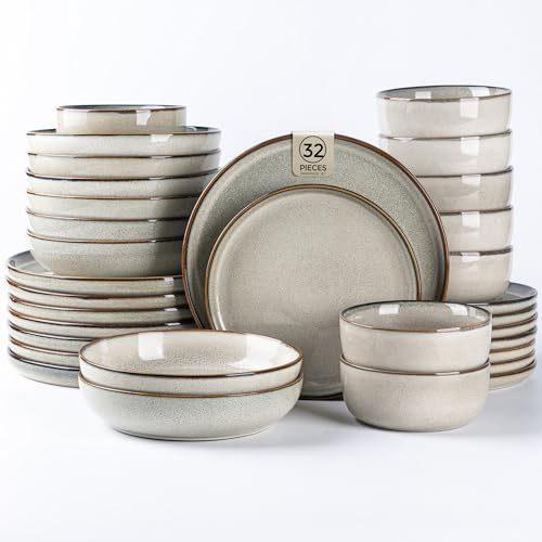 GBHOME 32 Pieces Double Bowls Ceramic Dinnerware Sets for 8, Stoneware Plates and Bowls Set with Reactive Glaze, Scratch Resistant Stoneware Dishes Set, Dishwasher & Microwave Safe