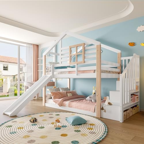 Letto a Castello per Bambini 90*200cm con Scivolo e Scala portaoggetti, Letto a Forma di Casa con Finestra, Struttura in Legno per Ragazzi e Ragazze(Senza Materasso) certificato EN 747-1:2024