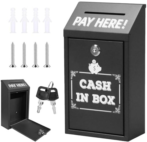 PEEXTBB Spardose mit Schlüssel, 26 x 14,5 x 7,5 cm Metall Spendensammelbox, Tragbare Wandmontage Geldkassette mit Schlüsselschloss und Schrauben, für Zuhause,Büro,Außentür, Schwarz