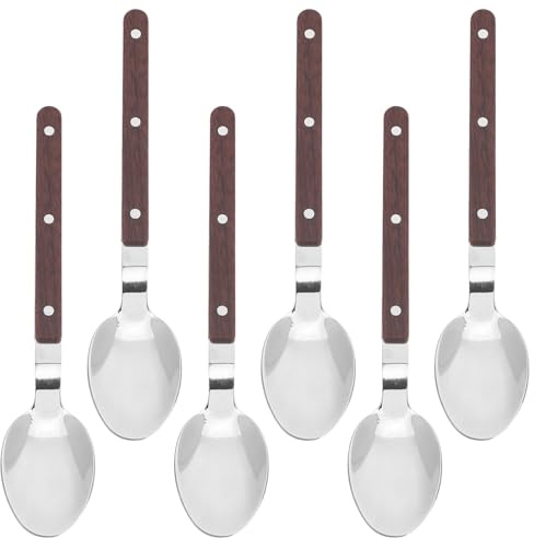 SAFIGLE Lot de 5 cuillères à soupe en acier inoxydable poli, cuillères à café en métal, manche en bois rustique, cuillère à dessert pour gâteau, sucre, fromage, expresso