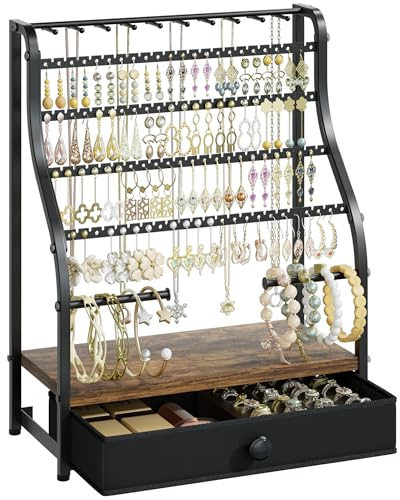 SWTYMIKI Earring Holder Organizer - Jewelry Organizer Stand with Necklace Hooks, Watch Rods, Nonwoven Drawer, Large Capacity Jewelry Display for Stud Earring Bracelet Necklace Ring, Espresso
