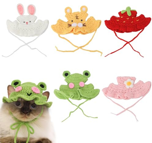 GSrenyu 5 Pcs Pet Cat Hats, Cartoon Knit Cute Cats Hat, Soft Beanie Bonnet Adjustable for Kitten, Funny Outfit Head Wear Accessories for Puppy Pets Birthday Animals Parties Photoshoots