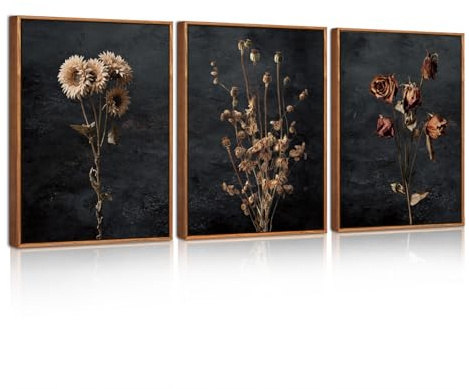 Celestdeco Gerahmte Leinwand Kunst in düsterer Floralfarbung,Vintage Trockenblumen Wanddekoration,Mid Century Boho Wandkunst, moderne Retro Wildblumen Bilder Wohnzimmer Schlafzimmer 30x40cm