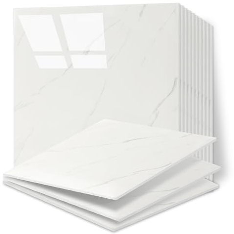 Takezuaa 30pcs Self Adhesive Wall Tiles, 30x30cm White Stick on Wall Marble Tile, PET Waterproof Shower Walls Panels, Back Splash Stick on Tiles for Kitchen Bathroom Livingroom