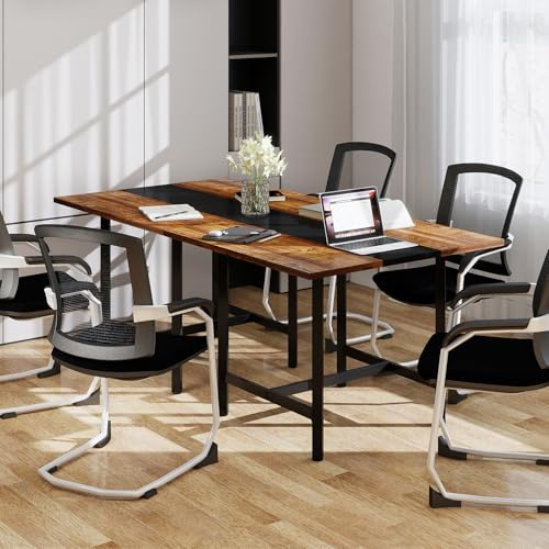 COSTWAY Konferenztisch, quadratischer Besprechungstisch mit Metallrahmen, Seminartisch zusammensetzbar für 4 Personen, Büro, Vorstandszimmer, Esszimmer (200 x 100 x 75 cm,Rustikal Braun + Schwarz)