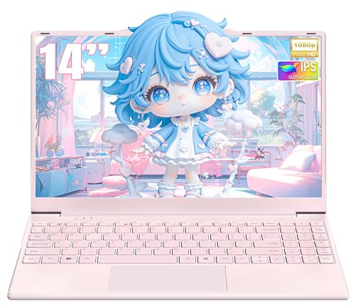 Amita PC portátil de 14 rosa pastel, pantalla FHD IPS 1920×1080, Procesador N5095, 16GB RAM, SSD M.2, chasis metálico ligero, WiFi de doble banda, HDMI Mini (GB, 16, GB, 512)
