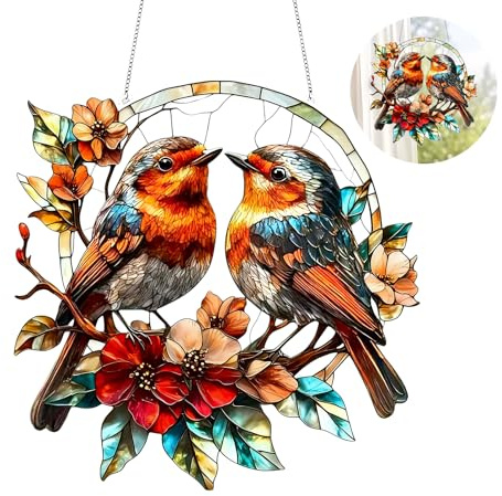 20 Cm Heart-Shaped Robin Suncatcher, Acrylic Window Hanging Ornament | Light-Catching Garden And Home Decor, Gift For Bird Lovers