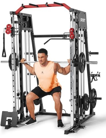 Aptliton Smith Machine Power Cage with Cable System, 2300LBS Capacity Multi-Function Squat Rack for Home Gym, Includes Pull Up Bar, T Bar, Tricep Rope & Weight Clamps, Black & Red