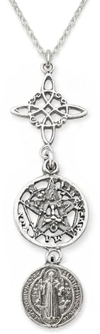 Only faith Collar Nudo de Bruja con Tetragramatón Plata de Ley 925 Italiana, Cadena largo 45 cm, Amuleto Triple Protección San Benito (Triple Protección Envejecido)