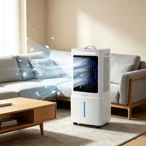 Aire Acondicionado Portátil sin Ventana con Control Remoto, Enfriador Evaporativo 3 en 1, 3 Velocidades, Temporizador de 12 Horas, Bolsas de Hielo, para Casa, Garaje, Restaurante y Exteriores