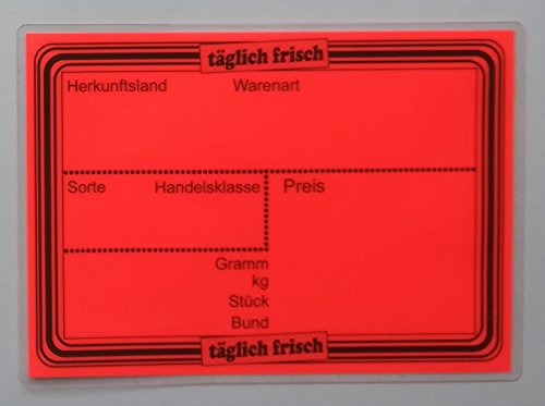 20 laminierte Preisschilder 154 x 216 mm leuchtrot für Obst und Gemüse mit Aufdruck Werbesymbole