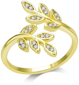 Philip Jones 18k Gold Plated Adjustable Leaf Ring Created with Zircondia® Crystals