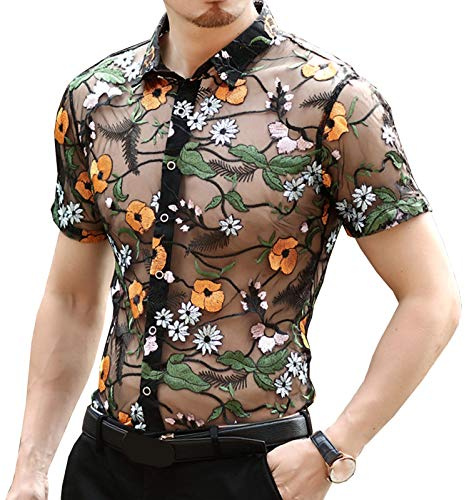 Yonititeee Mens Yellow Flower Embroidery Black Fishnet See Through Lace Short Sleeve Shirt Chest 42