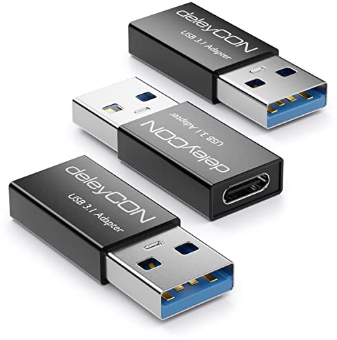 deleyCON USB C Adapter 3.0, 3 Stück, 5Gbit/s, C auf A - Schwarz | Für Lade-/Datenkabel, Ladegerät, Powerbank, iPhone 17/16/15, iPad, AirPods, Watch, Galaxy S26/S25/S24, PC, Tablet, Notebook