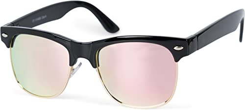 styleBREAKER Gafas de sol para niños con lentes ovaladas Montura de plástico y metal, retro 09020135, color:Dorado-negro montura/Fucsia vidrio de espejo