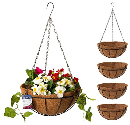 Bishop Hanging Basket With Liner — Includes Coco Liners for Hanging Baskets, 12 inch Black Wire Basket — Ideal Gardening Gifts For Mum — Great Garden Decoration Ideas and Outdoor Garden Planters