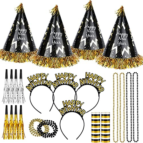HOWAF Silvester Accessories Foto Requisiten – 24 Stück Happy New Year Haarreif Silvester Partyhüte Luftschlangen Tröten und Halskette für Kinder Erwachsene Neujahrdeko Silvesterdeko 2027 Party Set