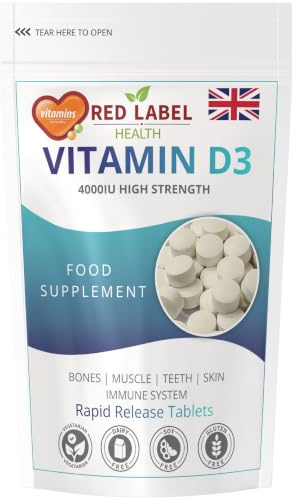 Red Label Health Vitamin D3 4000 IU, Pack of 400 Vitamin D Tablets (1+ Year Supply), Healthy Teeth & Bones, Supports Immune System, High Strength Vitamin D Supplement for Men & Women, UK-Made